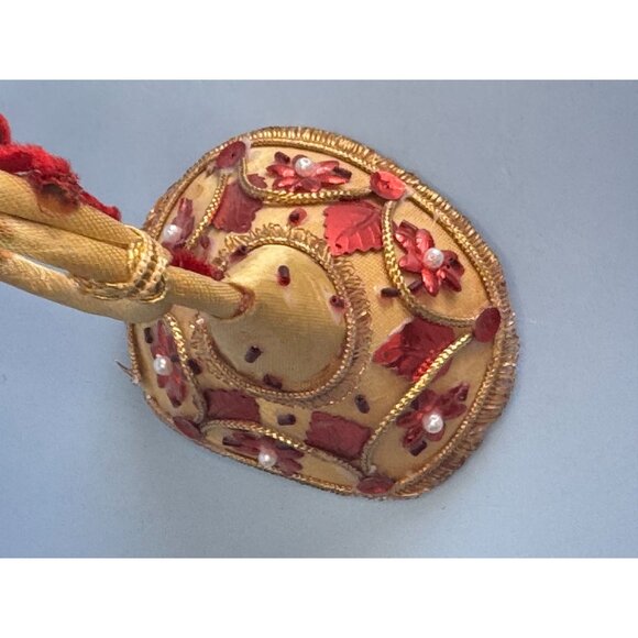 Handcrafted Decorative Gold & Red Horn Ornament With Embroidery & Pearl Accents - Picture 2 of 8